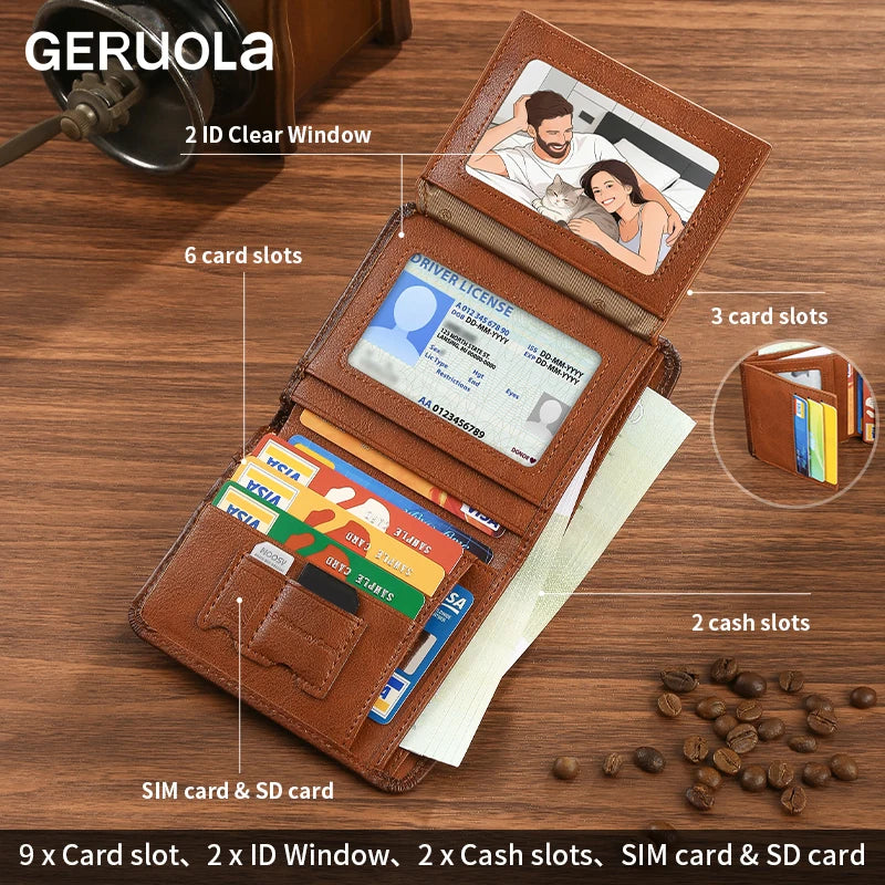 GERUOLA Slim RFID Shielded Genuine Leather Wallet for Men-Multifunctional ID & Credit Card Holder Dark Brown with Embellishments