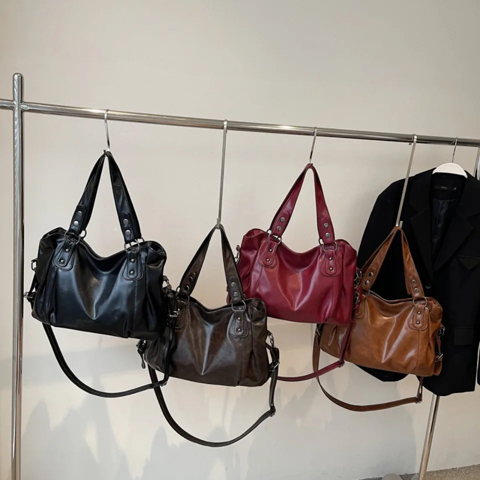 Retro Large Capacity PU Shoulder Bag for Women, Classic Solid Color Crossbody Tote Bag with Roomy Style