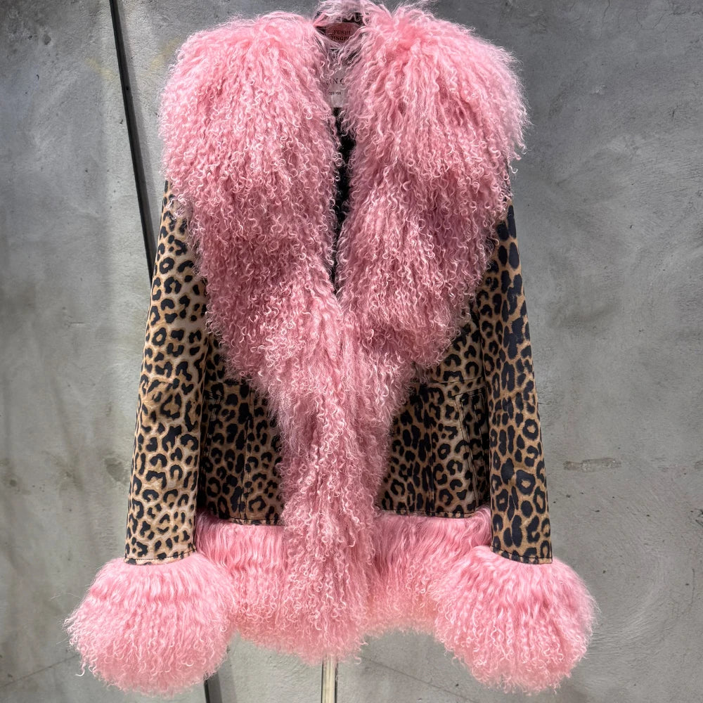 Leopard Print Real Leather Women Coat with Pink Mongolian Fur Luxurious Winter Streetwear for Ladies