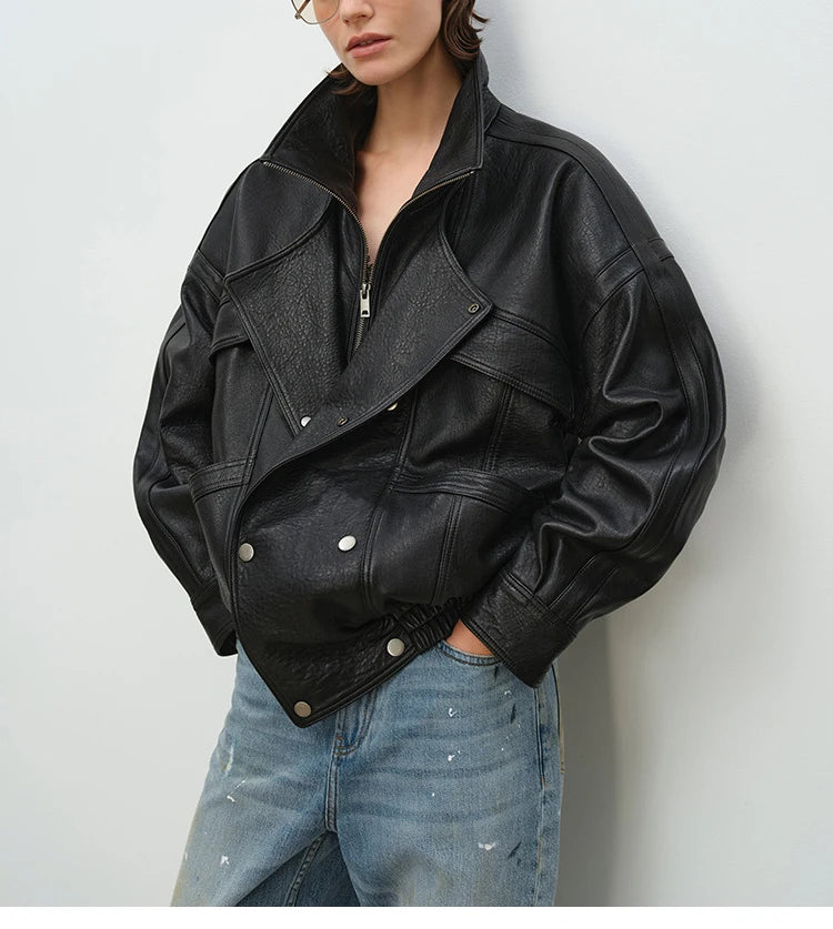 Brown Sheepskin Bubble Skin Coat Female Retro Double Layer Collar Double Breasted Zipper Loose Leather Jacket Winter Outerwear