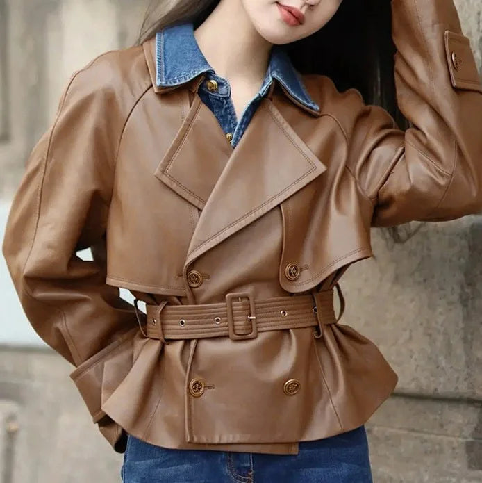 Leather Jacket for Women Spring Double-Breasted Belt Waist Closing Slim Ceket Kadın Imported Sheepskin Loose Short Trench Coat