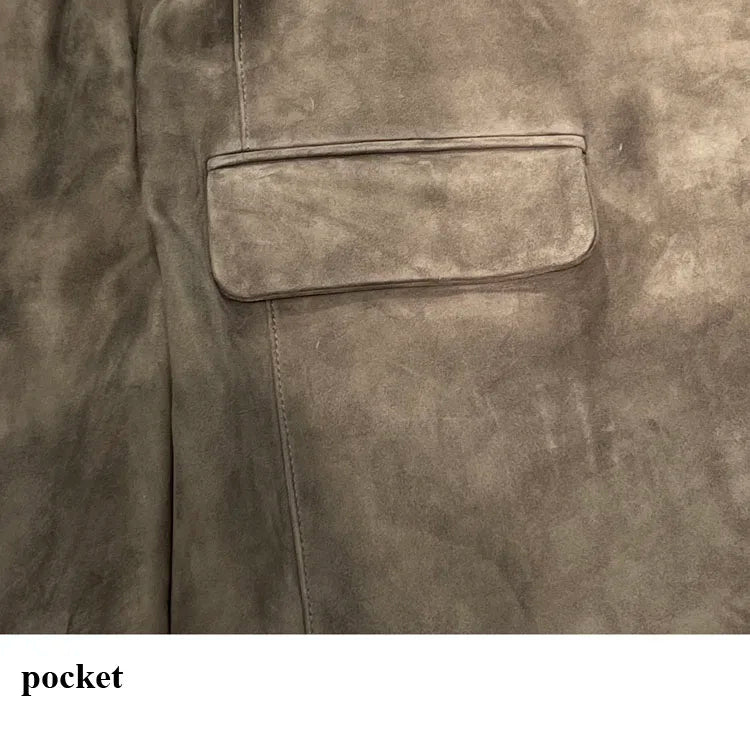 High Quality Suede Leather Suit Jacket Woman Kid Suede Flip Collar Wide Shoulder Split Vintage Ropa Mujer Dark Blue Blazer Coat