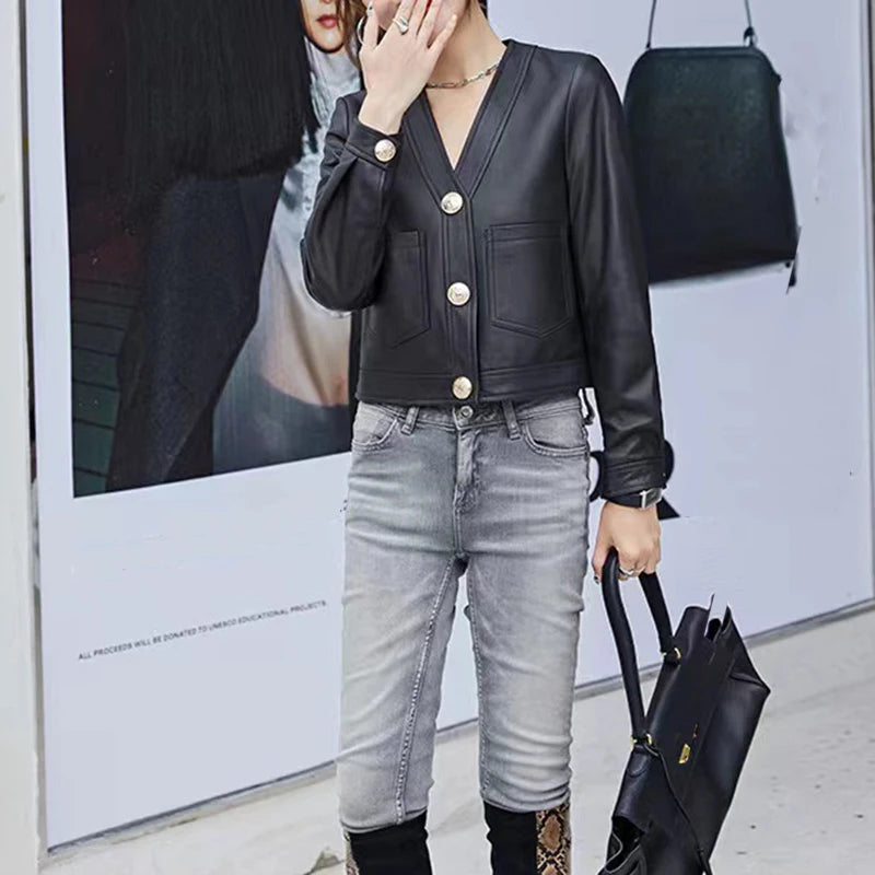 Genuine Sheepskin Casacas Para Mujer Women Casual V-neck Short Khaki/White/Black Leather Jacket Feminino Slim Tops Trendy Pocket