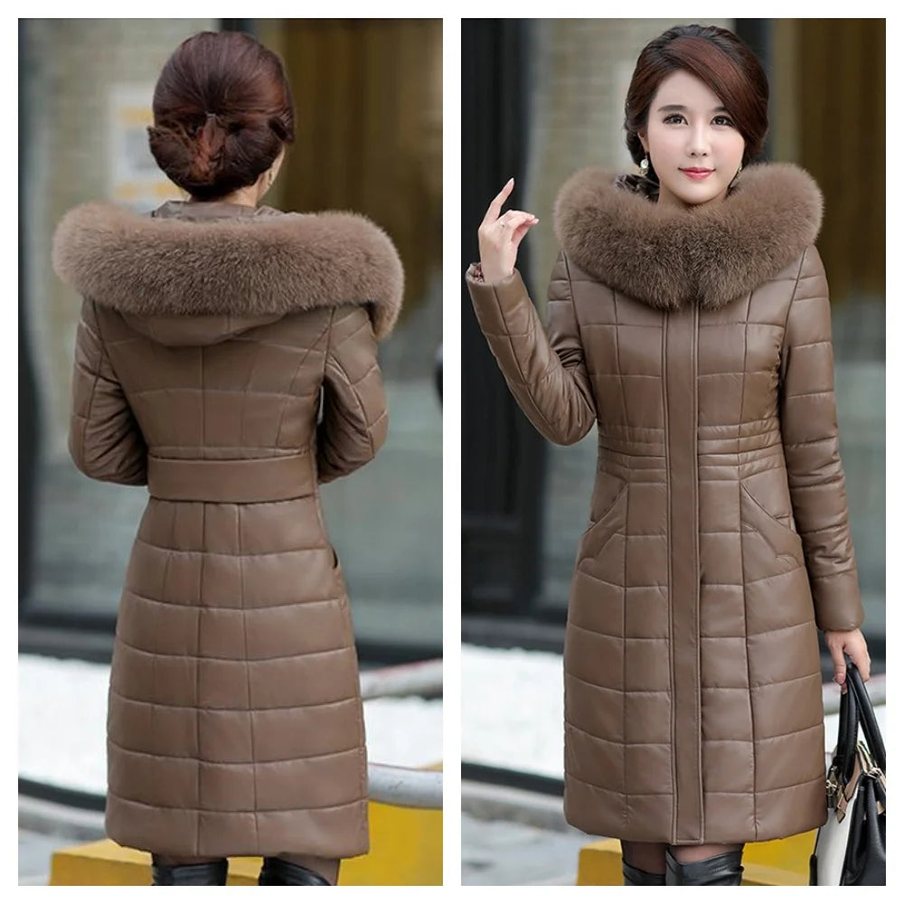 L-8XL Women Leather Coat Winter 2026 Fashion Mother Jacket Thicken Warm Outerwear Fur Collar Hooded Sheepskin Overcoat Female