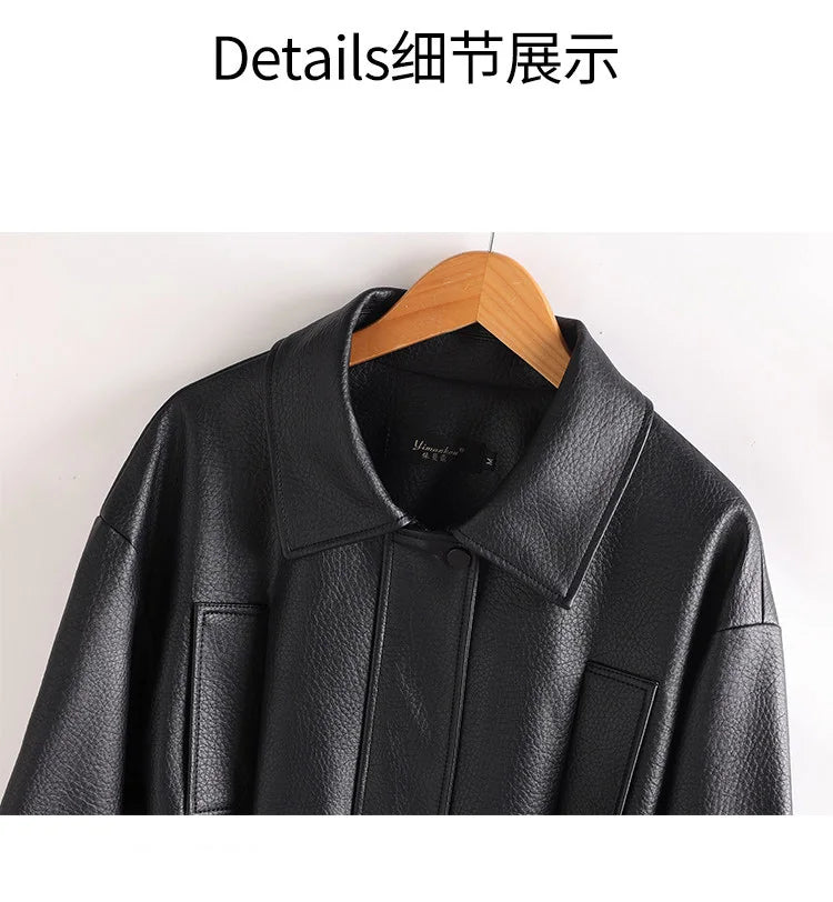 New Women Split Leather Jacket Spring Autumn Fashion Turn-down Collar Stretch Adjustable Waist Short Coat Casual Leather Jacket