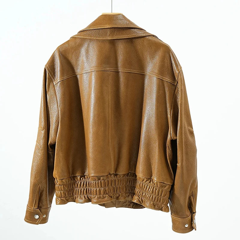 Leather Coat Autumn Winter Women Vintage Fashion Double Collar Lychee Pattern Sheepskin Bubble Leather Zipper Motorcycle Jacket
