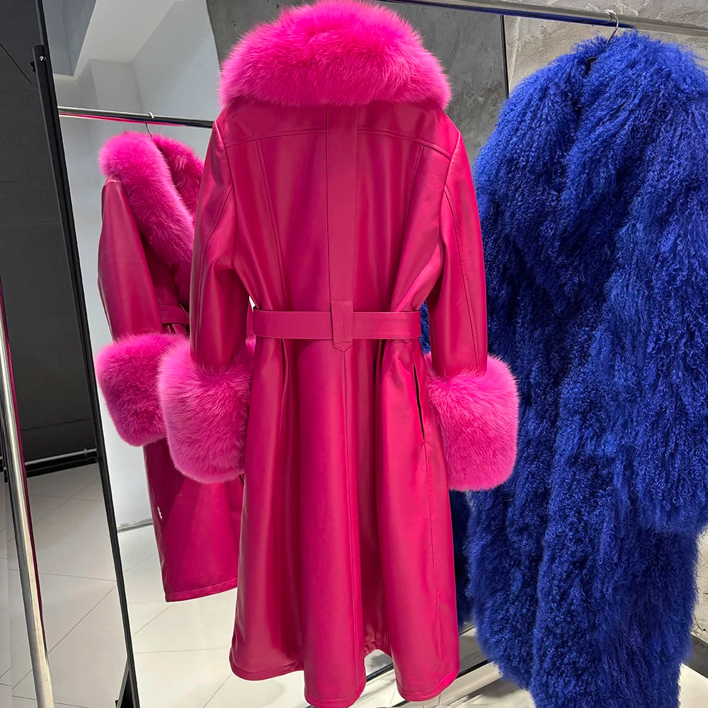 YOLOAgain Burgundy Real Fox Fur Collar Leather Trench Coat Women Genuine Leather Jacket Long Female