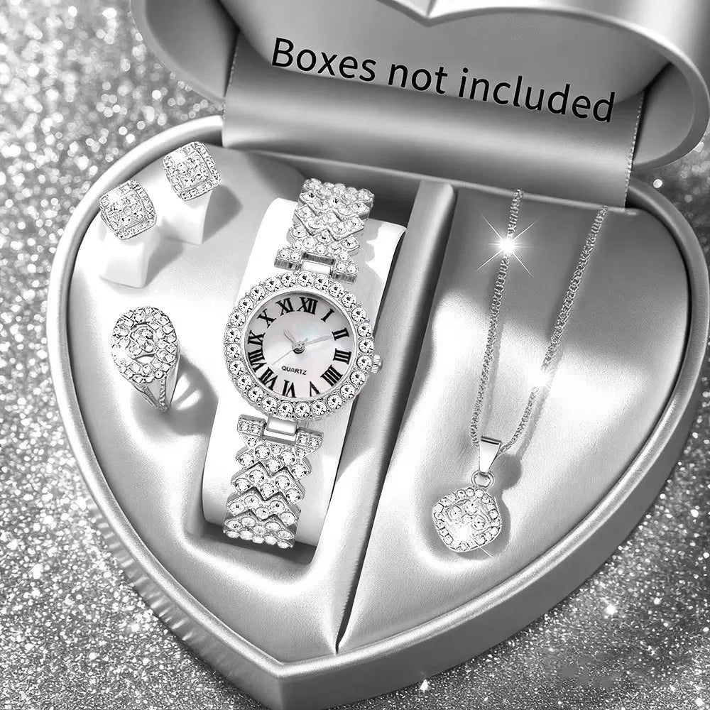 5PCS Elegant Rhinestone Women Quartz Watch Jewelry Set Fashion Ladies Bracelet Strap Wristwatches Reloj Mujer（Without Box）