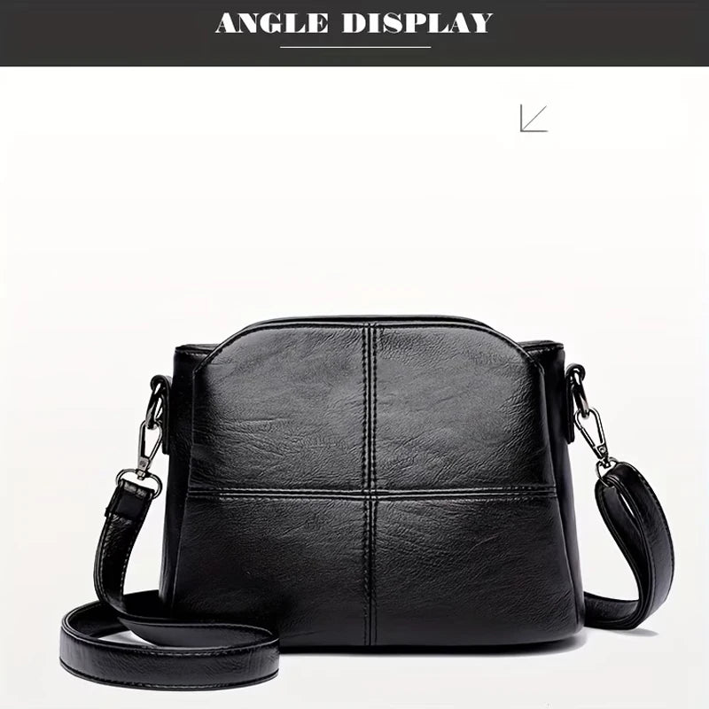 Women Vintage PU Leather Crossbody Bag Casual Daily Mini Shoulder Handbag Multi‑Layer Zipper Pocket Design Adjustable Strap Ligh
