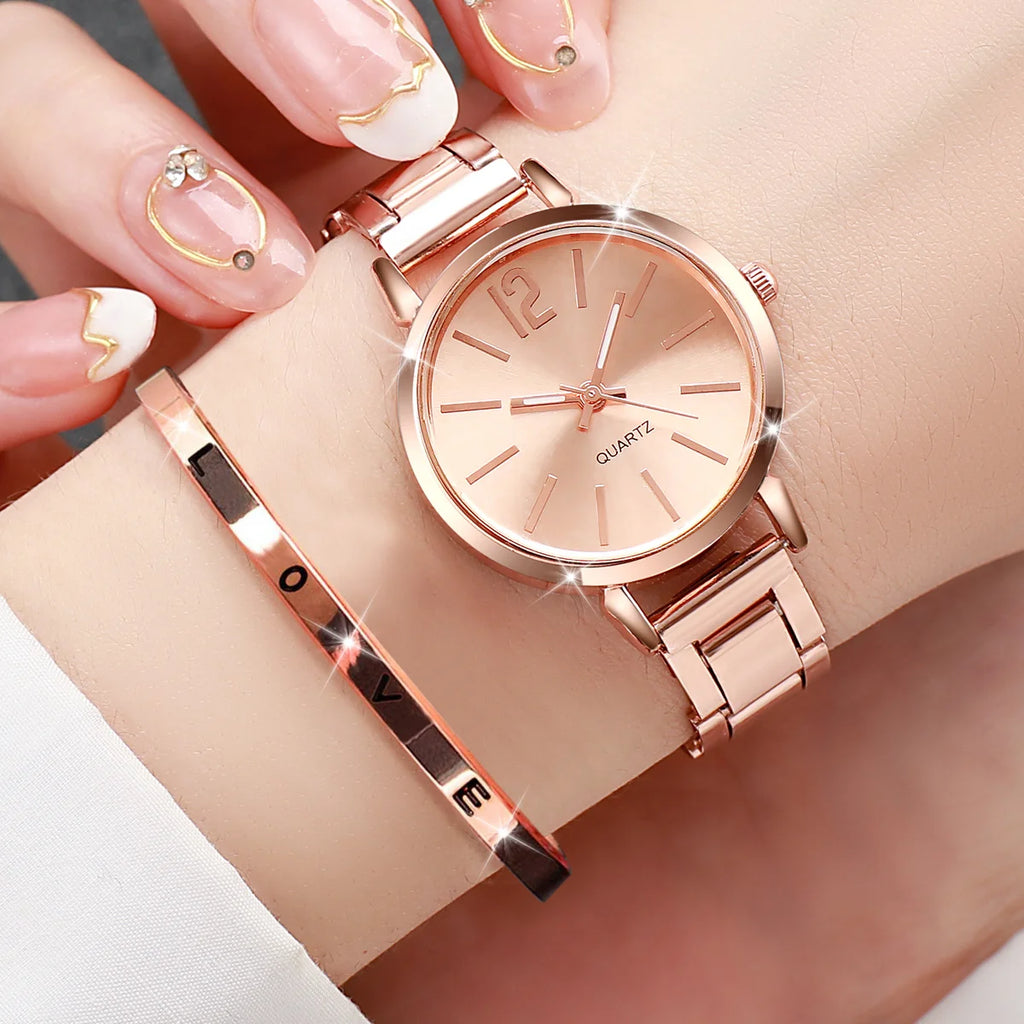 2PCS/Set Fashion Women's Watches Simple Analog Quartz Wristwatch LOVE Opening Cuff Bracelet Set Relogio Feminino（Without Box）