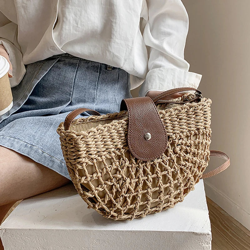 Summer Straw Bag For Women Fashion Semicircle Crossbody Bags Rattan Handmade Messenger Handbag Travel Beach Bags Tote