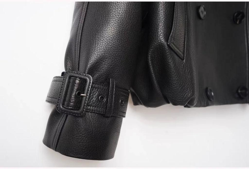 Fashion Real Leather Jacket for Women Modern Genuine Sheepskin Stand Up Collar Short Silhouette Coat Winter Tops Lapel