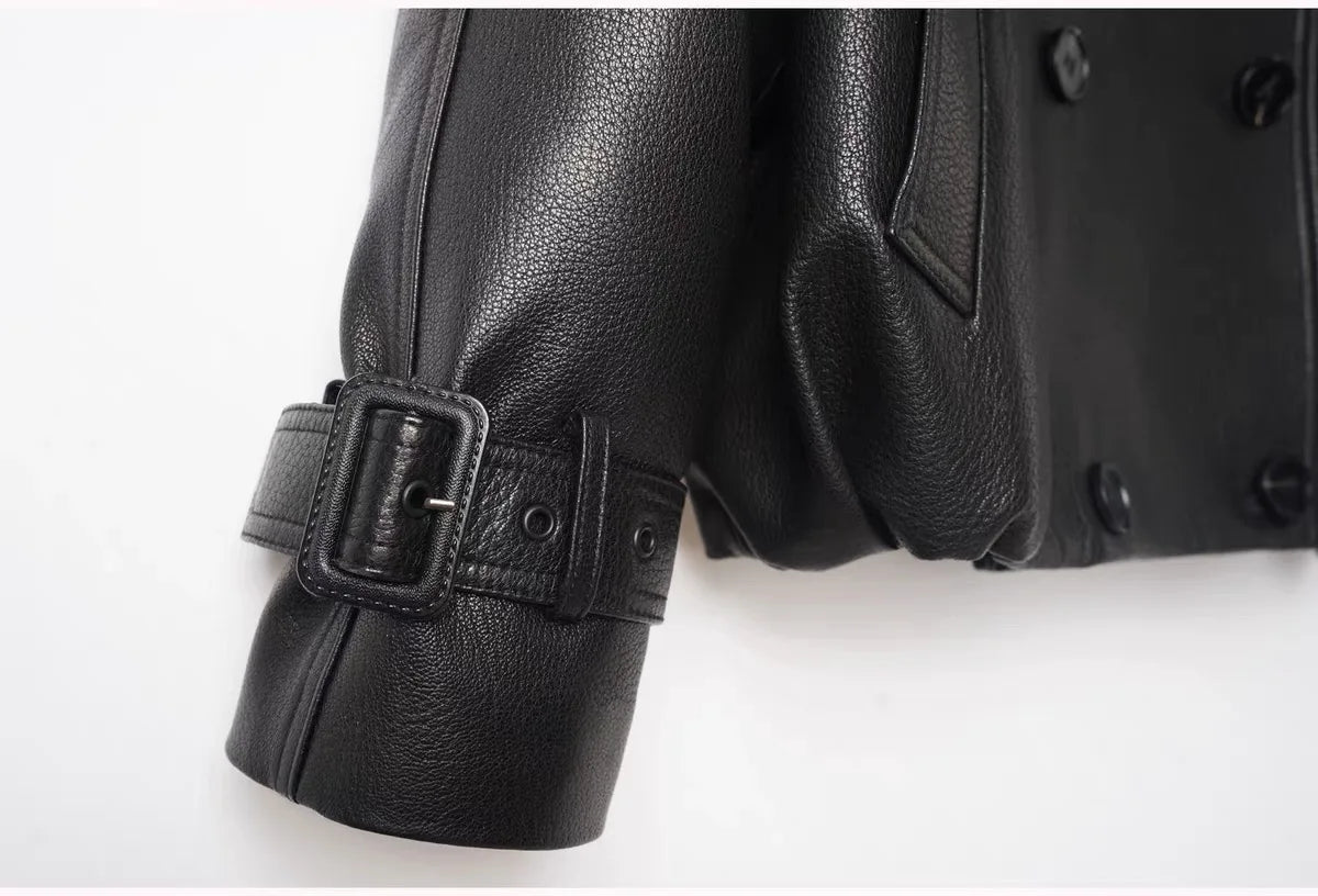 Fashion Real Leather Jacket for Women Modern Genuine Sheepskin Stand Up Collar Short Silhouette Coat Winter Tops Lapel