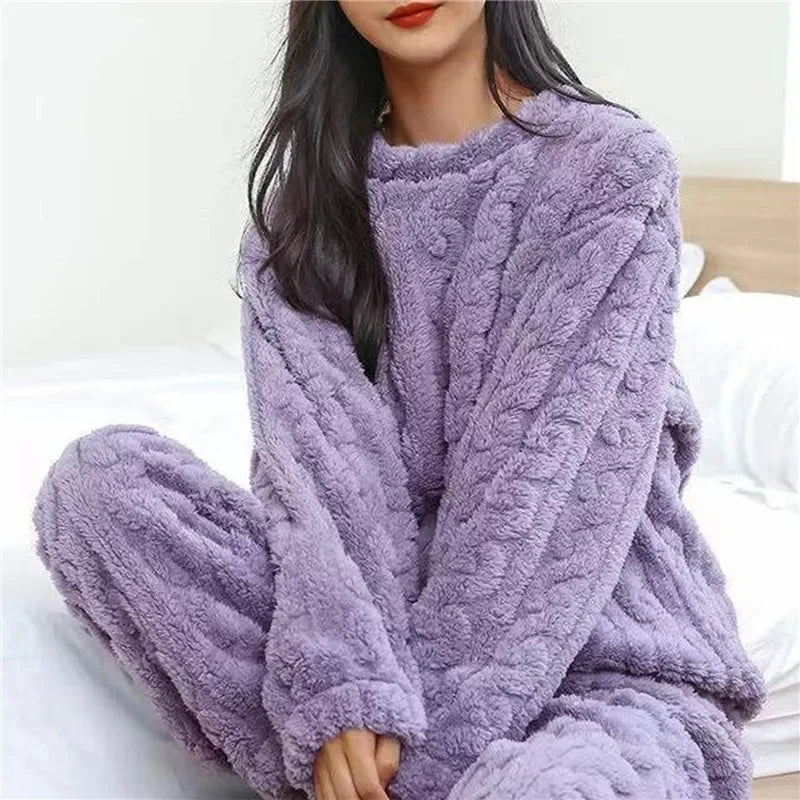 Autumn Ladies Plush Fluffy Cozy Tracksuit Relax Loose Home Loungewear Suit For Weekend Rest Xmas Eve Casual Household Wear