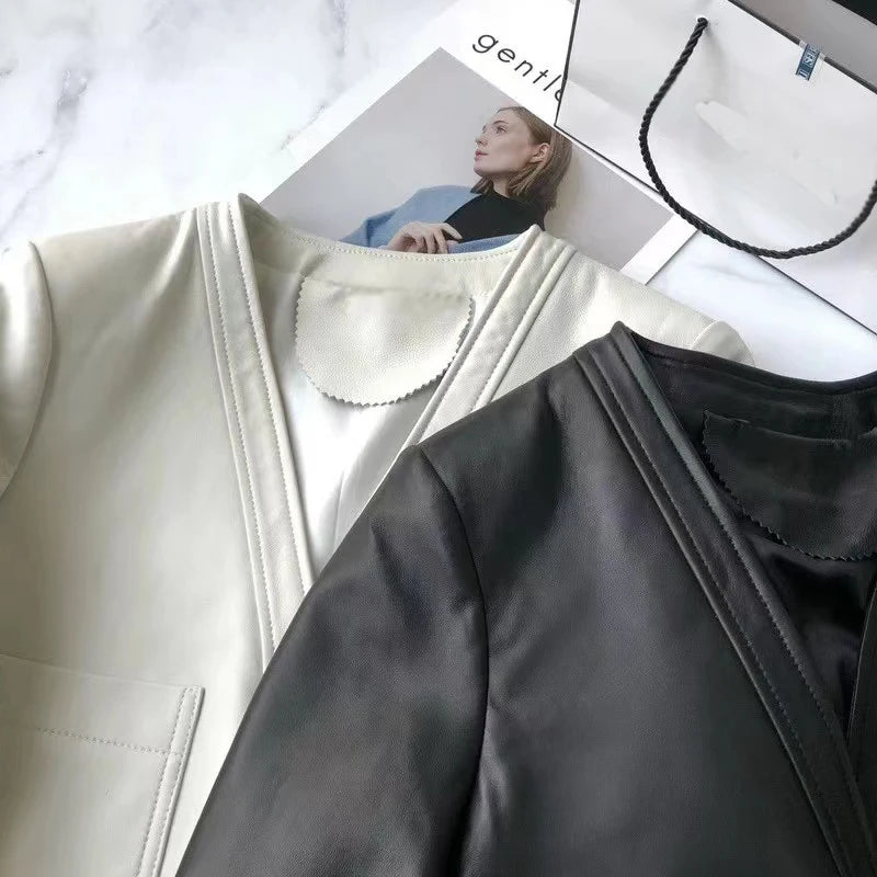 Genuine Sheepskin Casacas Para Mujer Women Casual V-neck Short Khaki/White/Black Leather Jacket Feminino Slim Tops Trendy Pocket