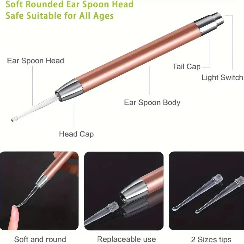 Stainless Steel Ear Scoop Light Visual Ear Cleaner Soft-Touch Ear Spoon Head Ear Cleaning Tool Set for Safe Home Use