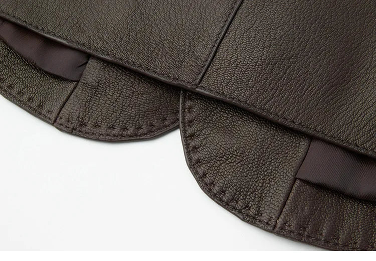 Women's Autumn Clothing European High Quality Sheepskin Casual O-Neck Single-Breasted Coffee Litchi Stria Genuine Leather Jacket