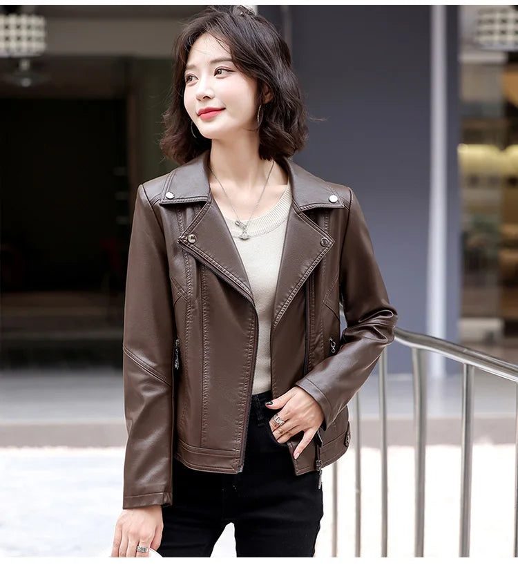 New Women Spring Autumn Leather Jacket Fashion Suit Collar Long Sleeve Motorcycle Jacket Casual Short Biker Coat Split Leather