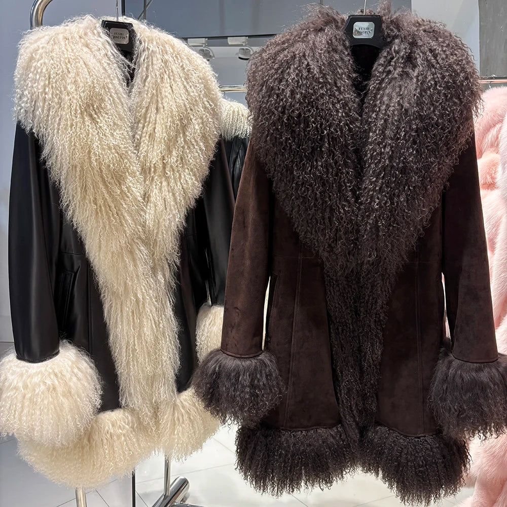 YOLOAgain Mongolia Sheep Fur Jacket Women Real Leather Coat Suede Jacket