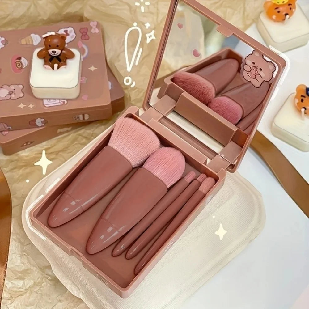 Cosmetic Brush 5PCS Portable Makeup Brush Travel with Mirror Box Makeup Set Brush Loose Powder Brush Blush Brush Eyeshadow Brush