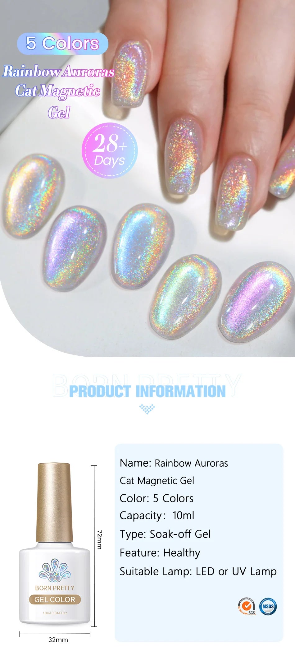 BORN PRETTY 10ml Rainbow Auroras Cat Magnetic Gel Nail Polish Holographics Soak Off Manicure Gel Varnis Semi Permanent Nail Art