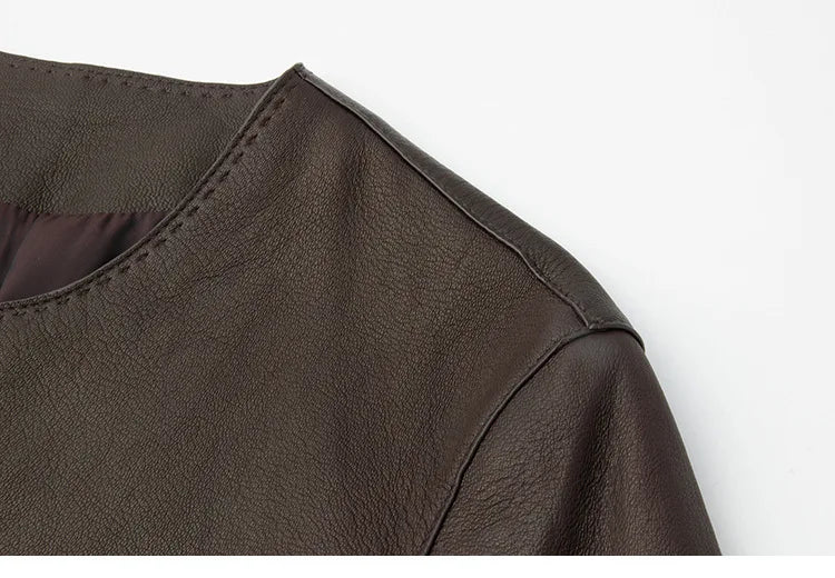 Women's Autumn Clothing European High Quality Sheepskin Casual O-Neck Single-Breasted Coffee Litchi Stria Genuine Leather Jacket