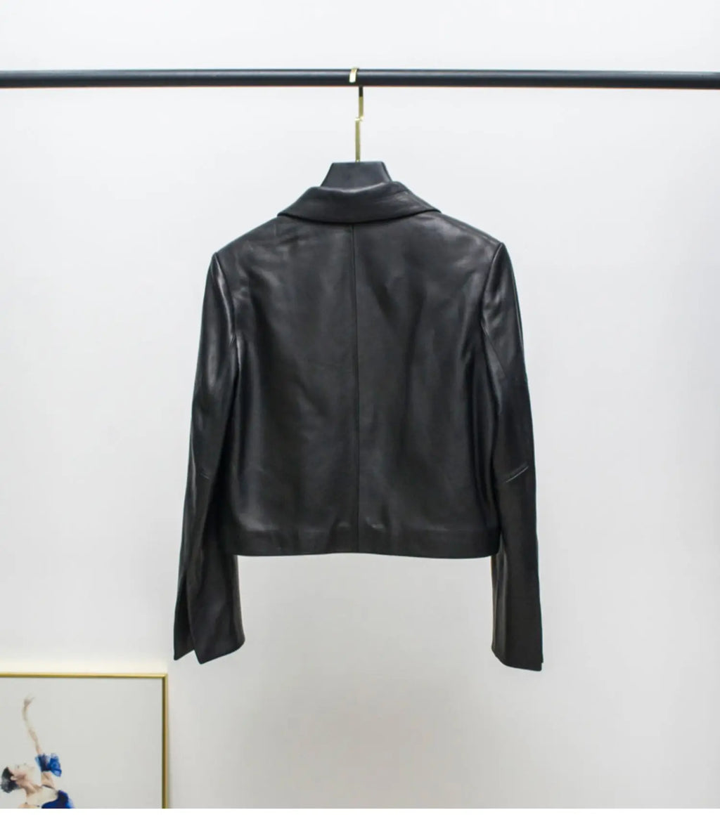 Women Genuine Leather Jacket 2025 Winter Female Square Collar Pocket Single-Breasted Slim Short Coat Mujer Outwear Blazer Kurtki