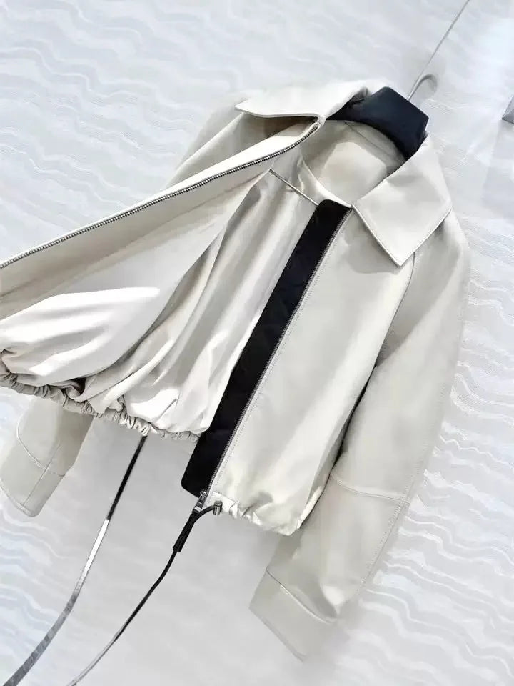 Real Leather Clothing for Women Lapel Drawstring Silhouette Short Coat Female Genuine Sheepskin Balloon Jacket Bomber Femme