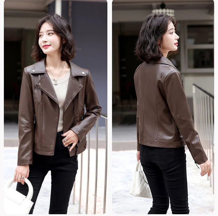 New Women Spring Autumn Leather Jacket Fashion Suit Collar Long Sleeve Motorcycle Jacket Casual Short Biker Coat Split Leather
