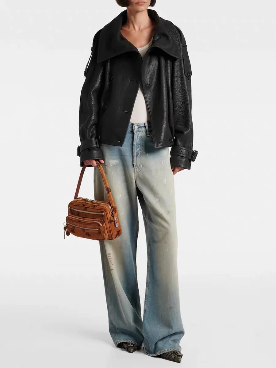Fashion Real Leather Jacket for Women Modern Genuine Sheepskin Stand Up Collar Short Silhouette Coat Winter Tops Lapel