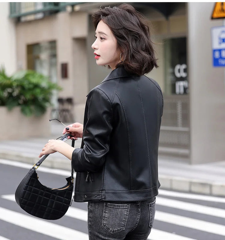 New Women Spring Autumn Leather Jacket Fashion Suit Collar Long Sleeve Motorcycle Jacket Casual Short Biker Coat Split Leather