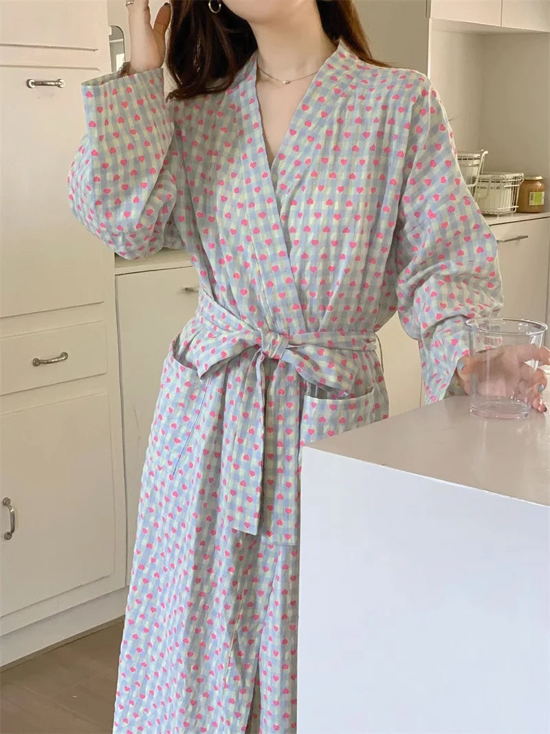 CHUANGERM Women Sweet Plaid Long Sleeve V‑Neck Lace Up Loose Medium‑Long Robe Comfortable Sexy Home Wear Loungewear