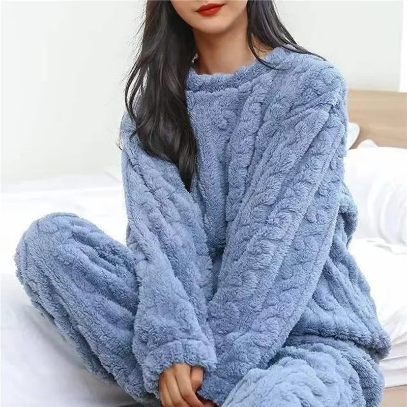 Autumn Ladies Plush Fluffy Cozy Tracksuit Relax Loose Home Loungewear Suit For Weekend Rest Xmas Eve Casual Household Wear