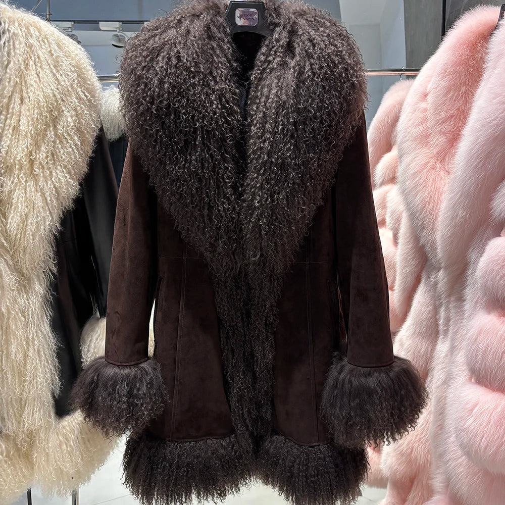 YOLOAgain Mongolia Sheep Fur Jacket Women Real Leather Coat Suede Jacket