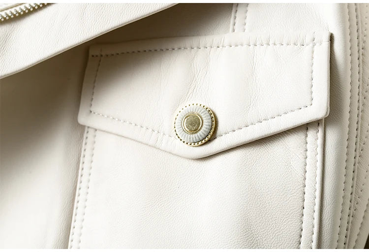 Jacket For Women 2025 New European Genuine Leather Coat Female Zipper Large Lapel Short Oversize Locotive Whtie Jaqueta Feminina