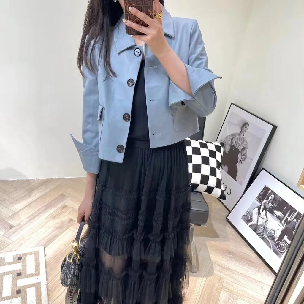 Women Genuine Leather Jacket 2025 Winter Female Square Collar Pocket Single-Breasted Slim Short Coat Mujer Outwear Blazer Kurtki