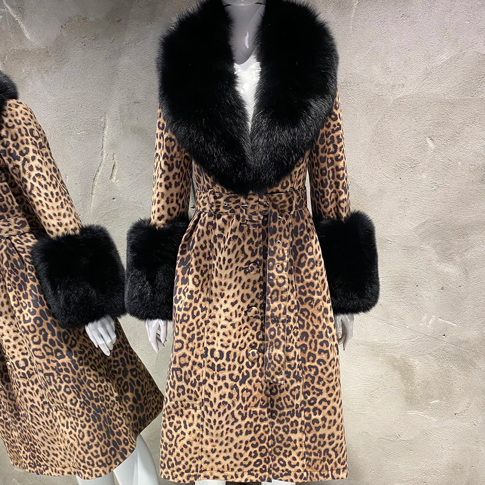 YOLOAgain Burgundy Real Fox Fur Collar Leather Trench Coat Women Genuine Leather Jacket Long Female