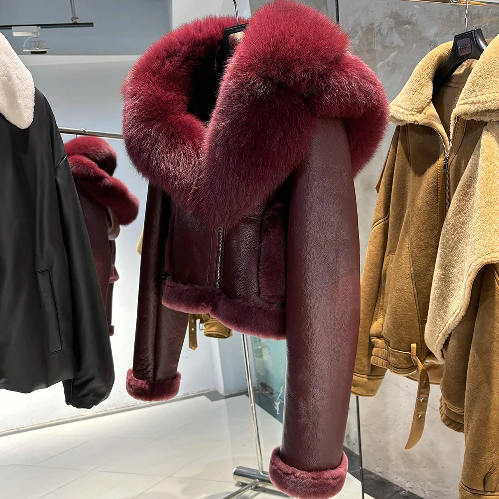 YOLOAgain Burgundy Shearling Jacket With Hood Women 2025 Winter Real Leather Jacket Coat