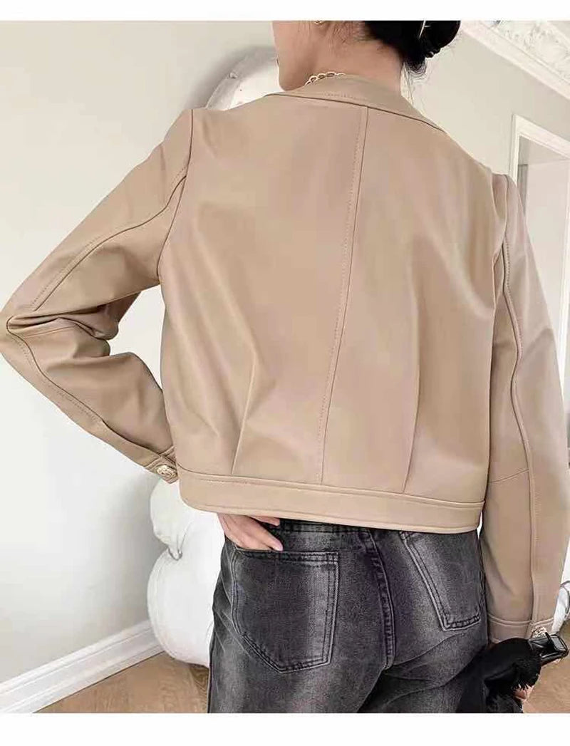 Genuine Sheepskin Casacas Para Mujer Women Casual V-neck Short Khaki/White/Black Leather Jacket Feminino Slim Tops Trendy Pocket