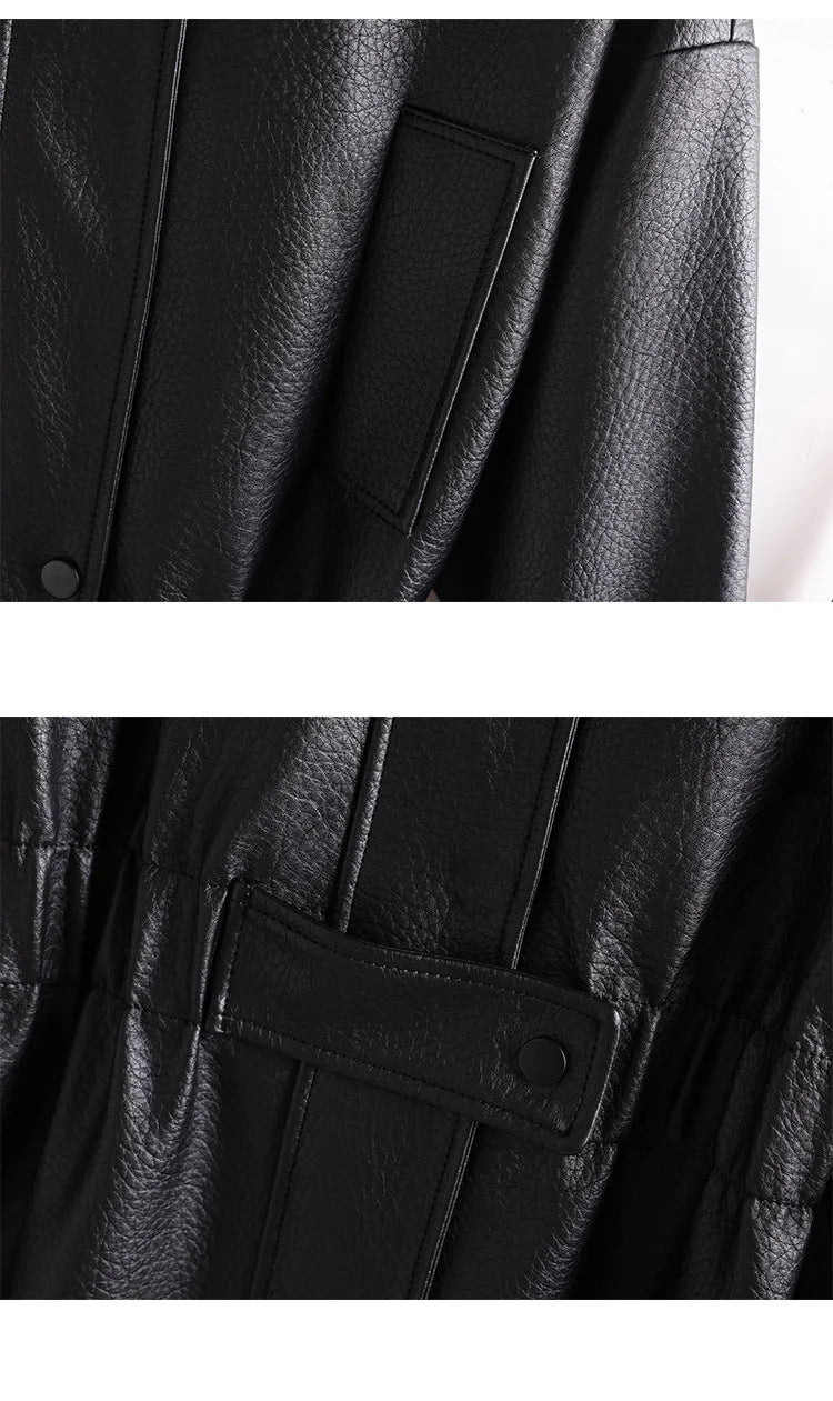 New Women Split Leather Jacket Spring Autumn Fashion Turn-down Collar Stretch Adjustable Waist Short Coat Casual Leather Jacket