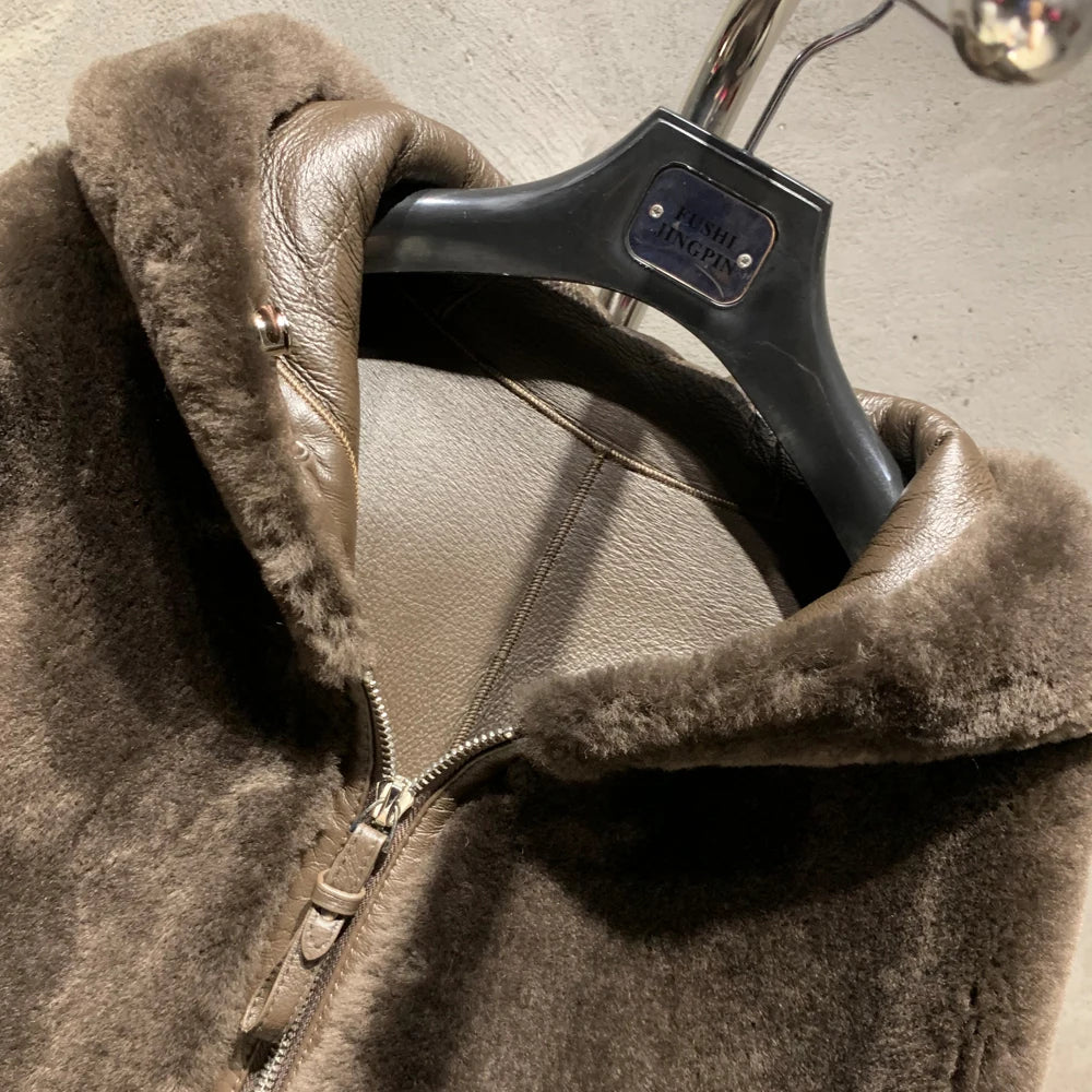 Women Merino Coats Hooded Ladies Lamb Fur Shearling Coat Luxury Winter Warm Merino Fur Coat