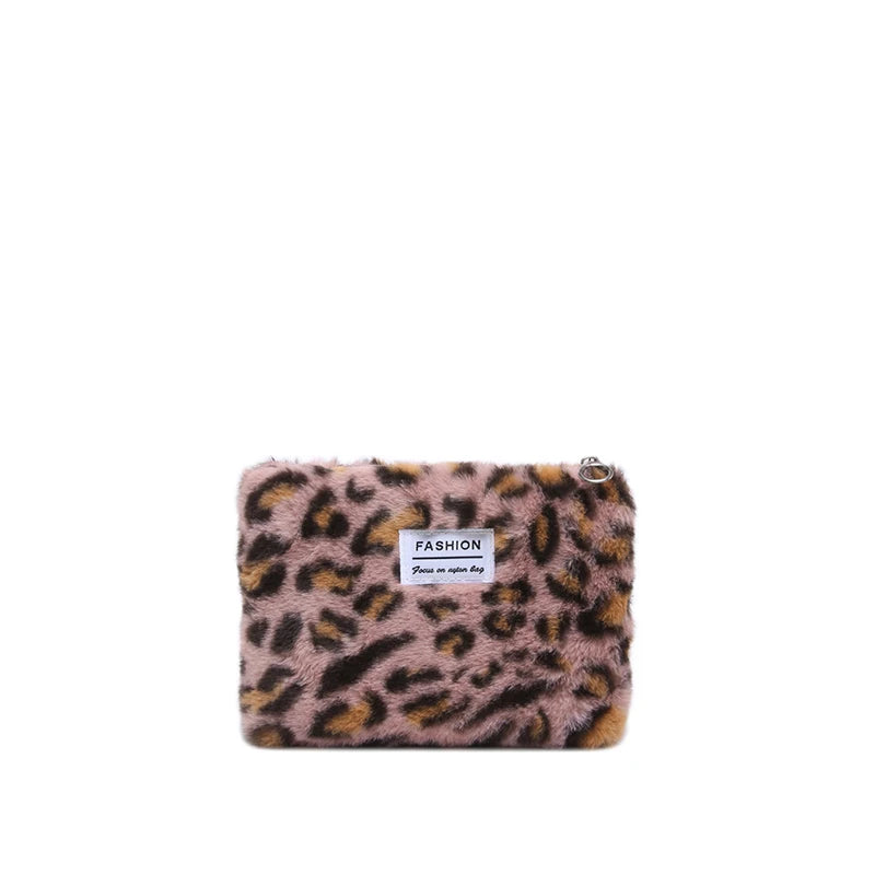 Leopard print plush Makeup Bag Large capacity portable travel toiletry bag Cosmetics Clutch Bag Premium storage bag