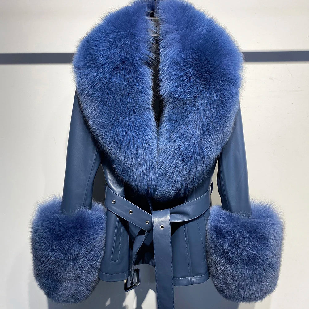 YOLOAgain Women's Real Fox Fur Collar Sheepskin Leather Jacket Coat Autumn 2025