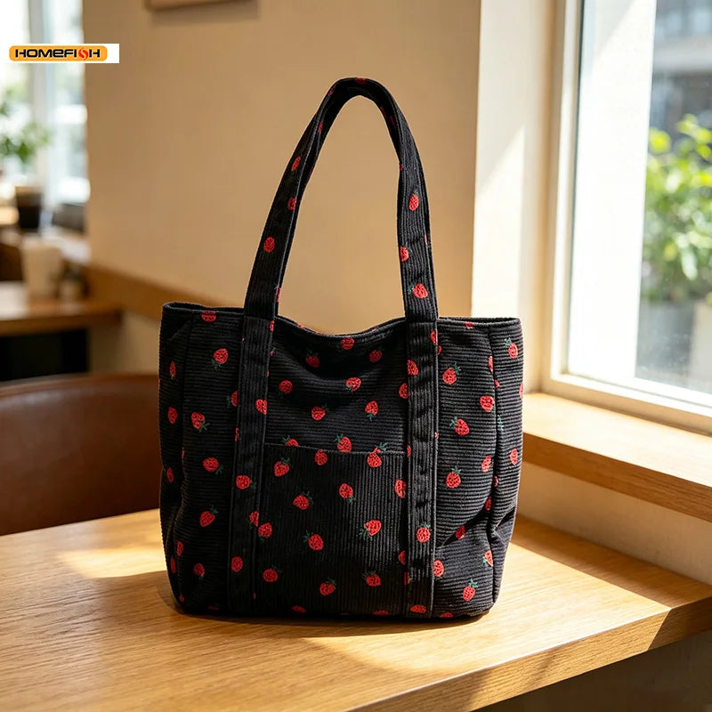 HOMEFISH Corduroy Strawberry Handbag Large Capacity Women Tote Bag Versatile Shoulder Commuter Beach Bag