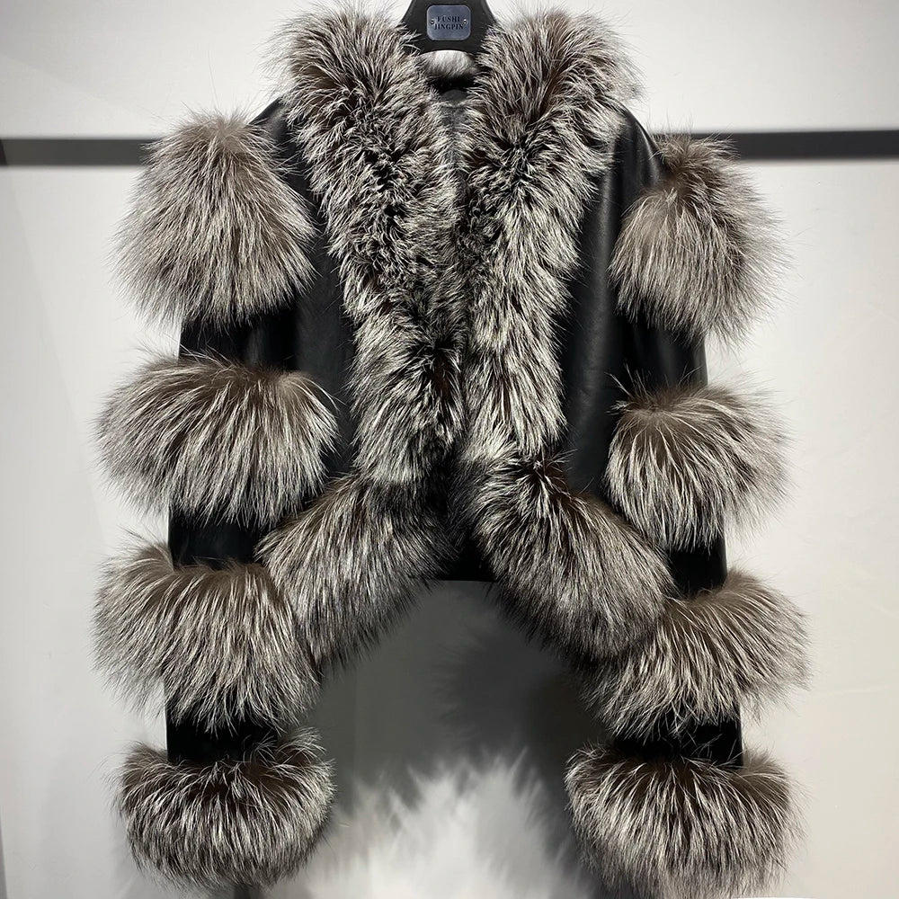 YOLOAgain Women's Natural Fox Fur Jacket Real Leather Cropped Jacket Streetwear