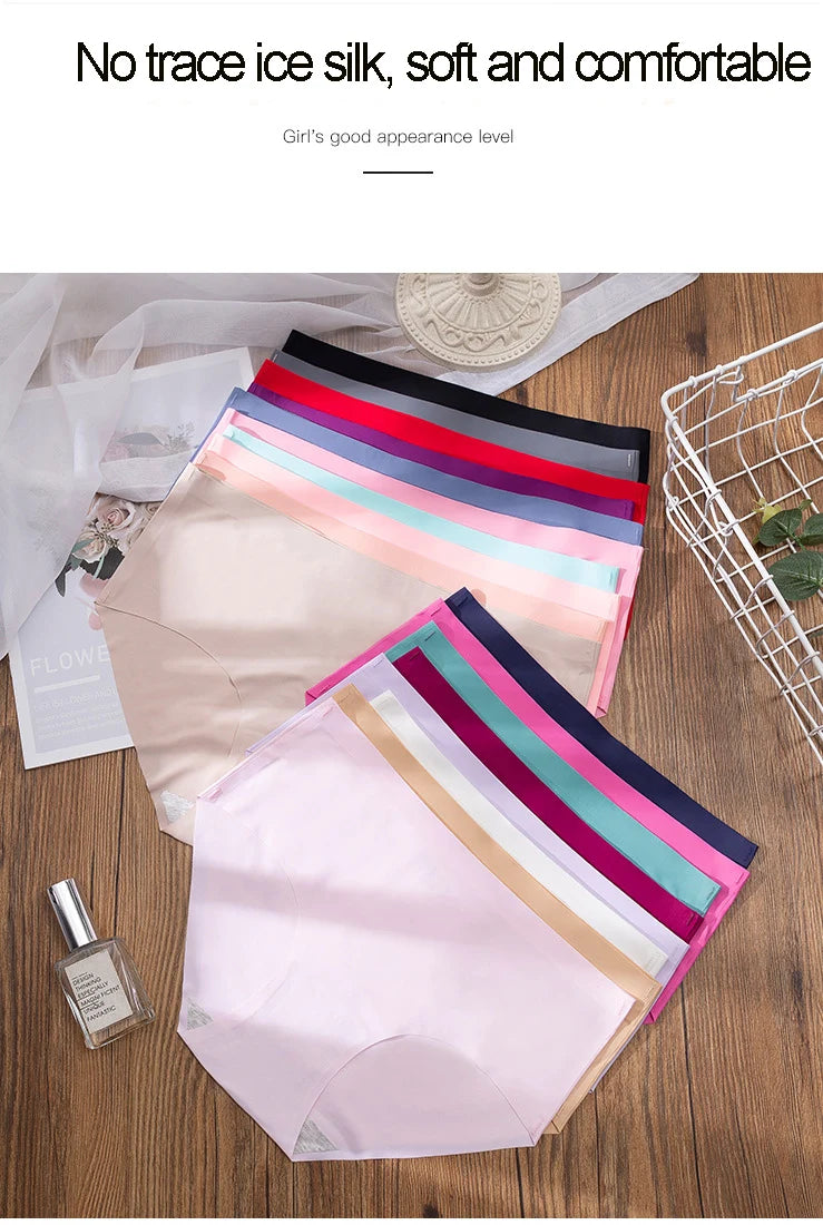 3Pcs Plus Size Underwear Women's Panties Ice Silk Solid Color Ladies Seamless Underpant Girls Briefs Breath Sexy Lingerie Female