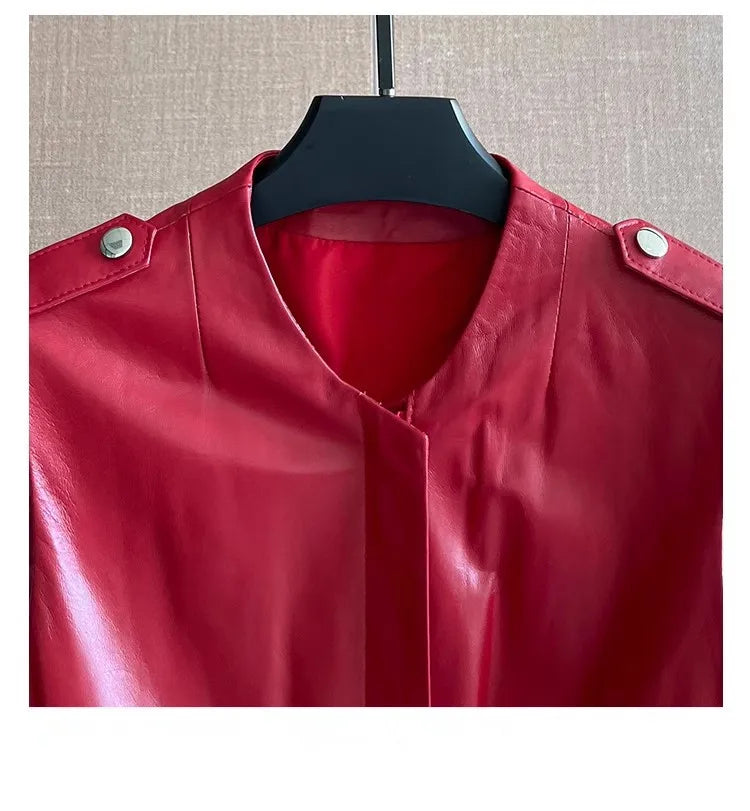 Women's Slim Waist Red Genuine Leather Vest Sleeveless Casual Jacket Short Style Versatile for Spring Autumn