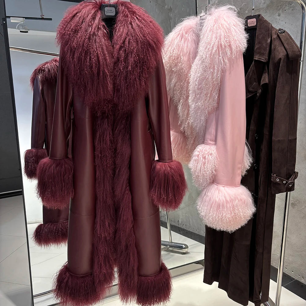 YOLOAgain Real Mongolia Sheep Fur Jacket Long Dark Brown Suede Coat Women