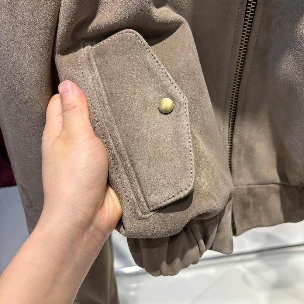 YOLOAgain Suede Leather Jacket Coat Women Real Leather Cropped Jacket Bomber Jacket