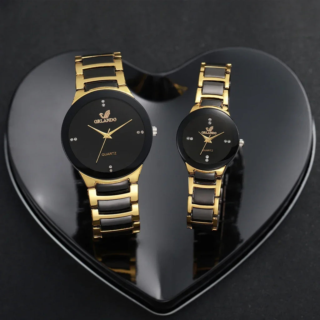 1/2PCS Fashion Couple's Watches Luxury Women Quartz Watch Men Business Watches Black Steel Band Male Analog Quartz Watch